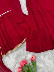 Women's Ethnic Georgette Anarkali Kurta Set with Dupatta Heavy Embroidered Long Sleeve V Neck <b>Ankle</b> Length Dress for Wedding - Product Image 5