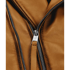 Men's <b>Brown</b> Genuine <b>Leather</b> Moto <b>Jacket</b> Zipper Closure Mandarin Collar Breathable Embossed Details Slim Fit Regular Length - Product Image 5