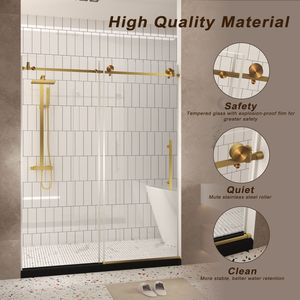 Porta Doccia Senza Telaio 60'' L x 76'' A in Vetro Temperato con Pellicola Antiesplosione, Maniglia in Acciaio Inox Spazzolato Oro, Trasparente 1/4'' (6mm) - Product Image 5