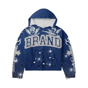 Sweat-shirt à capuche personnalisé avec strass et impression en relief, style streetwear oversize Y2K vintage bleu pour homme, vente en gros OEM - Product Image 1