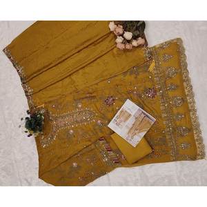 Conjunto de Top y Falda en Línea A, Color Rosa, Tela de Chifón Pesado con Bordado Floral, Cuello en V, para Bodas y Festivales - Product Image 6