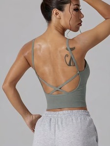 High <b>Stretch</b> Seamless Knit White Athletic <b>Bra</b> | Deep V Neck Strappy Yoga Top | Compression Molded Non Fade Sportwear Cami - Product Image 2