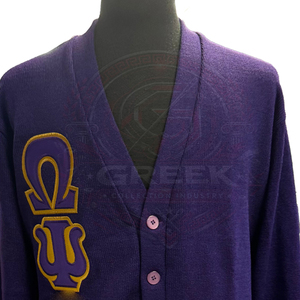 custom fraternity omega OPP <b>cardigan</b> sweater acrylic knitted V-neck purple men's sweater embroidery Greek letter button up front - Product Image 5