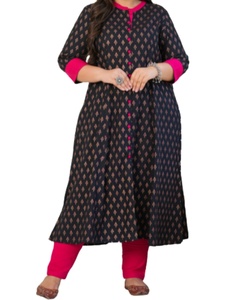 Kurti Anarkali con Cuello Mandarín y Estampado Floral, Negro, de Rayón, con Mangas Tres Cuartos, para Mujer, Talla Grande, Estilo Étnico - Product Image 4