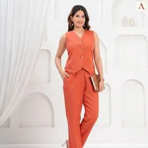Women's Sleeveless V-Neck Orange Crepe 2 Piece <b>Set</b> Elegant <b>Blazer</b> Top And Full Length Pants Regular Fit Spring Summer Outfit - Product Image 3