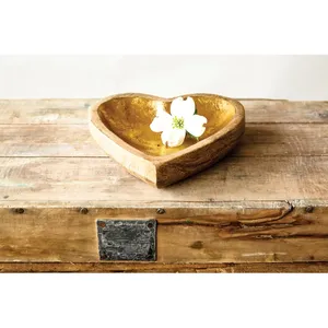 Plateau décoratif en bois en forme de cœur avec intérieur plaqué or, motif floral, style rustique, emballage individuel - Product Image 3