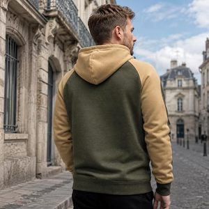 Sudadera con Capucha y Cierre de Cremallera para Hombre, Color Verde Oliva, Manga Raglán, Color Sólido, Informal, Tejido French Terry, para Otoño, Corte Regular - Product Image 3