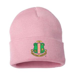 Gorro de Punto Rosa Claro AKA Shield, Gorro de Invierno Bordado, Gorro Elástico Suave con Diseño de Calavera de Hermandad Griega para Mujer, para Clima Frío - Product Image 1