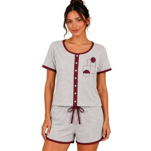 Light Gray And Burgundy Women Two Piece Shorts Set Round Neck Button <b>Top</b> Geometric Print Casual Summer Cotton Lounge Wear Outfit - Product Image 1