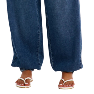 Pantalon de jogging en jean bleu foncé pour femme, coupe large, taille mi-haute, cordon élastique, respirant, ample, longueur complète, décontracté, automne-été - Product Image 5