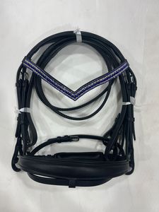 Brida de cuero negro para caballo con ribete de diamantes de imitación azules, diseño en forma de V, tamaño completo/Cob - Product Image 1