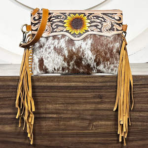 Best-Selling High Quality Sunflower Design Tooled Leather Boho Fringe Bags Low Price Cowhide Leather Crossbody Handbag For Women - Product Image 5