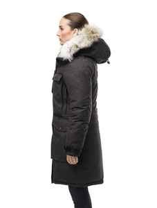 Chaqueta Larga Acolchada de Lona Tejida para Mujer con Capucha, Cierre de Cremallera, Manga Larga, Cortavientos, Color Sólido, Poliéster, Ropa de Invierno, Utilitaria - Product Image 4