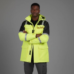 Brand Men's Hi Vis <b>Yellow</b> Hooded <b>Puffer</b> <b>Jacket</b> Waterproof Workwear Long Zipper Front Reflective Safety Coat Winter Wear - Product Image 5