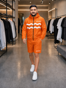 REXFIT SPORTS 2026 Ensemble veste à capuche et short unisexe en nylon orange personnalisé, coupe-vent léger, vêtements de sport, marque privée - Product Image 5