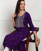 Kurti élégant pour femme en rayonne noire brodée, manches trois quarts, longueur cheville, design ethnique moderne, matériaux recyclés