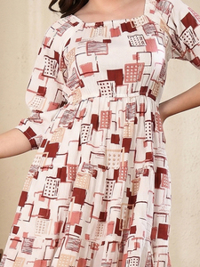 Vestido midi blanco con estampado geométrico para mujer, corte ajustado y evasé, tela Delta, cuello cuadrado, manga abullonada, vestido de moda contemporánea - Product Image 1