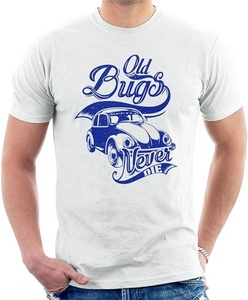 T-shirt blanc à manches courtes pour homme Old Bugs Never Die avec imprimé voiture classique, coupe classique, style décontracté, col rond, jersey de coton - Product Image 1