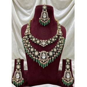 Vintage Gold Plated <b>Crystal</b> Necklace <b>Set</b> With Earrings For Women Wedding Party Wear Green Pearl Alloy Jewelry - Product Image 1