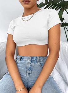 Camiseta Corta Blanca para Mujer, Cuello Redondo, Manga Corta, Tejido de Punto, Color Sólido, Casual, Corte Ajustado, para Primavera/Verano - Product Image 4