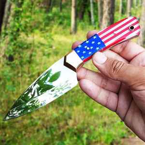 Cuchillo de Caza de Hoja Fija Personalizado con Mango de Acrílico con Bandera de EE. UU., Cuchillo de Supervivencia para Camping con Acabado Pulido Espejo y Funda de Cuero - Product Image 4