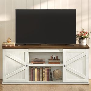 Meuble TV style ferme moderne avec portes coulissantes, armoires de rangement spacieuses, panneaux en MDF <span class=keywords><strong>mélaminé</strong></span> durable, multiples designs décoratifs - Product Image 1