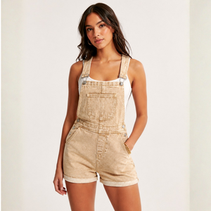 Women Beige Denim Short Overalls Casual Summer Bib <b>Dungaree</b> Shorts <b>Ladies</b> Washed Denim Overall Romper - Product Image 1