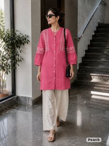 Women Rayon Embossed <b>Pink</b> Wrinkle Free Sun Protection Quick Dry Kurta Cream Palazzo Pants Casual Summer <b>Outfit</b> Indian Set - Product Image 1