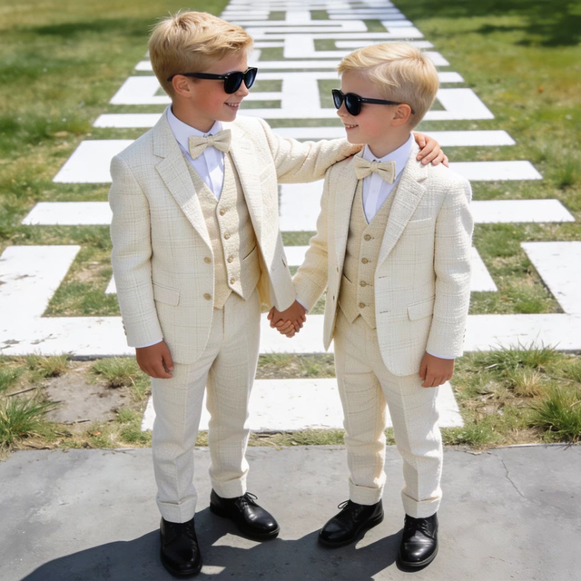 Boys Cream 3 Piece Formal Suit Set – Kids Check Blazer Vest Pants with Bow Tie Wedding Party Outfit