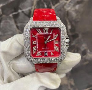 Reloj de Lujo para Mujer, Estilo Elegante, Totalmente Cubierto de Diamantes y Correa de Cuero Vacuno Rojo, Alta Calidad, Reserva de Energía Automática, 20 mm, Moissanita Real - Product Image 1