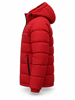 Veste matelassée à capuche rouge pour homme, coupe-vent, fermeture éclair, rembourrage en polyester, manteau d'hiver décontracté chic, logo sur le devant