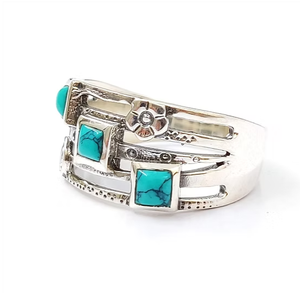 Bague artisanale en argent 925 et turquoise, large bande multi-lignes, magnifique pierre précieuse carrée, style western bohème - Product Image 2