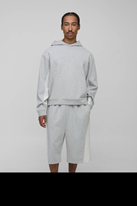Trendy Men Gray Cotton Fleece Hoodie <b>Set</b> Solid Color Casual Autumn Wear <b>Knitted</b> Sweatshirt and Shorts Matching Outfit Oversized - Product Image 4