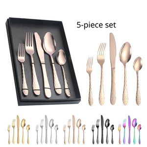 Juego de cubiertos de acero inoxidable de 5 piezas, tenedor, cuchara y cuchillo pulidos en dorado, plateado, negro, arcoíris, rosa, duradero, resistente a la decoloración, libre de BPA. - Product Image 1