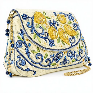 Pochette de soirée de luxe faite à la main, bleue et blanche, brodée de citrons, pour femme, sac élégant - Product Image 1