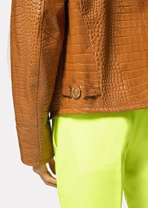Veste chauffante matelassée en cuir véritable marron gaufré pour homme avec col rabattable et fermeture éclair, style moto, pour l'hiver - Product Image 2