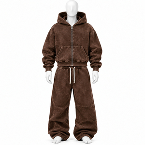 Ensemble de survêtement personnalisé marron délavé, coupe ample, en coton épais, avec sweat à capuche zippé et pantalon large unisexe pour un confort optimal - Product Image 6