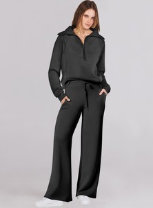 Conjunto Deportivo para Mujer Color Granate, Cuello Redondo, Manga Larga, Color Sólido, Pantalones Holgados con Cordón, Ropa Casual de Otoño, Cómoda y Duradera - Product Image 2