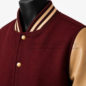 Chaqueta Universitaria Personalizada Color Granate, Cuerpo de Lana, Mangas de Cuero Beige, Chaqueta Letterman, Fabricante de Marca Privada OEM - Product Image 6