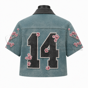 เสื้อโปโลผู้ชายปักลายดอกไม้ แขนสั้น สไตล์ลำลอง สตรีทแวร์ คอปกตัดสี ดีไซน์ลายดอกซากุระ - Product Image 2