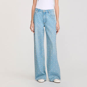 กางเกงยีนส์ขากว้างประดับมุกสุดหรูสำหรับผู้หญิง สีอ่อนสไตล์สตรีทแฟชั่น กางเกงยีนส์มุกสำหรับผู้หญิง - Product Image 6