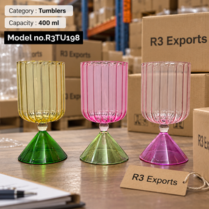 Colored <b>Glass</b> Tumblers 400 ml Ribbed Drinking <b>Glasses</b> Raised Base <b>Juice</b> Water Party Barware - Product Image 6