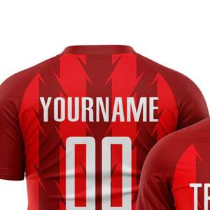 เสื้อฟุตบอลลายทางสีแดงแบบกำหนดเองสำหรับผู้ชาย ระบายอากาศได้ดี พิมพ์ลายแบบซับลิเมชั่น แขนสั้น คอกลม พร้อมชื่อทีมและหมายเลข - Product Image 3