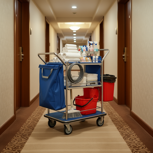 Chariot de ménage commercial pour hôtel avec étagères de rangement pour un nettoyage polyvalent, marque OEM - Product Image 3