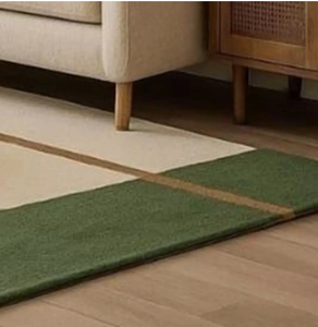 Alfombra de lana hecha a mano: color crema con borde verde, alfombra moderna minimalista PARA sala de estar, dormitorio, habitación infantil, oficina, hotel - Product Image 2