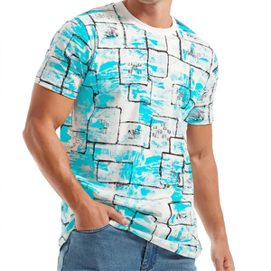 Men's Short Sleeve Printed T-<b>Shirt</b> With <b>Patchwork</b> Pattern O-Neck Casual Knitted Regular Fit Blue White - Product Image 2