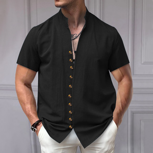 Casual Men's Camisa Hombre Button Down Solid Color Stand-Up Collar Short Sleeve <b>Summer</b> <b>Shirt</b> Male - Product Image 2
