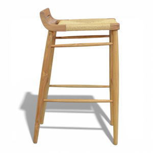 Tabouret de bar en teck moderne avec assise en corde, sans dossier, pour comptoir, mobilier de jardin intérieur/extérieur - Product Image 2