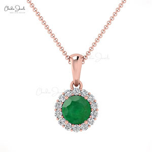 Natural 4mm Round Brilliant Cut Zambian Emerald & Diamond Halo <b>Pendant</b> with 14k <b>Solid</b> <b>Gold</b> Dangle <b>Pendant</b> Wholesale Supplier - Product Image 3