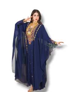 Vestido de Noche Largo y Sencillo para Mujer, Marca Awais House, Color Azul Marino, Chifón Sólido, Bordado, con Cuello en V y Mangas Largas - Product Image 3